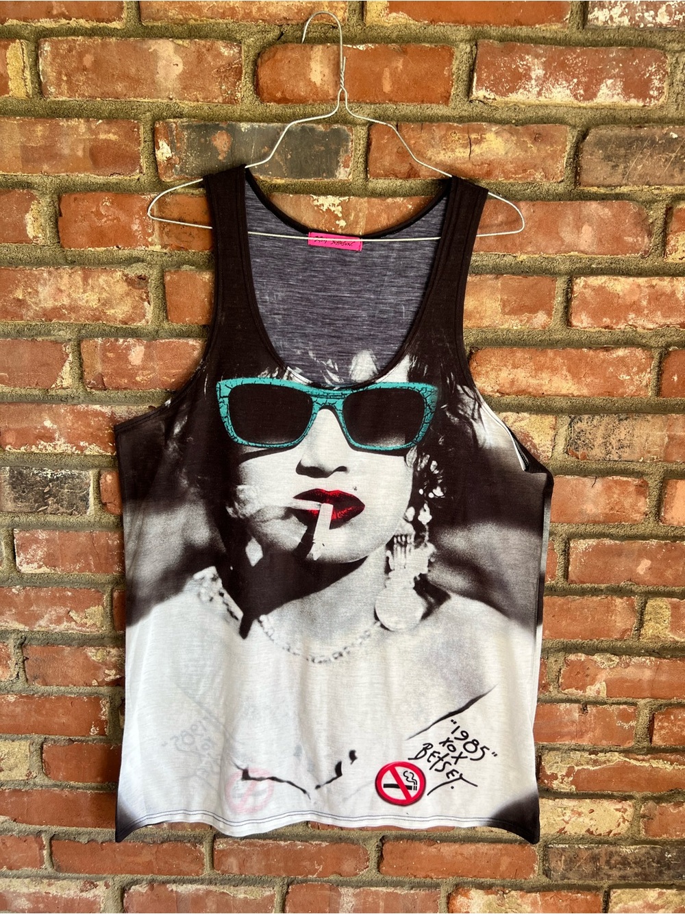Betsey Johnson Black White Tank with Teal Sunglasses and Red Lip Print